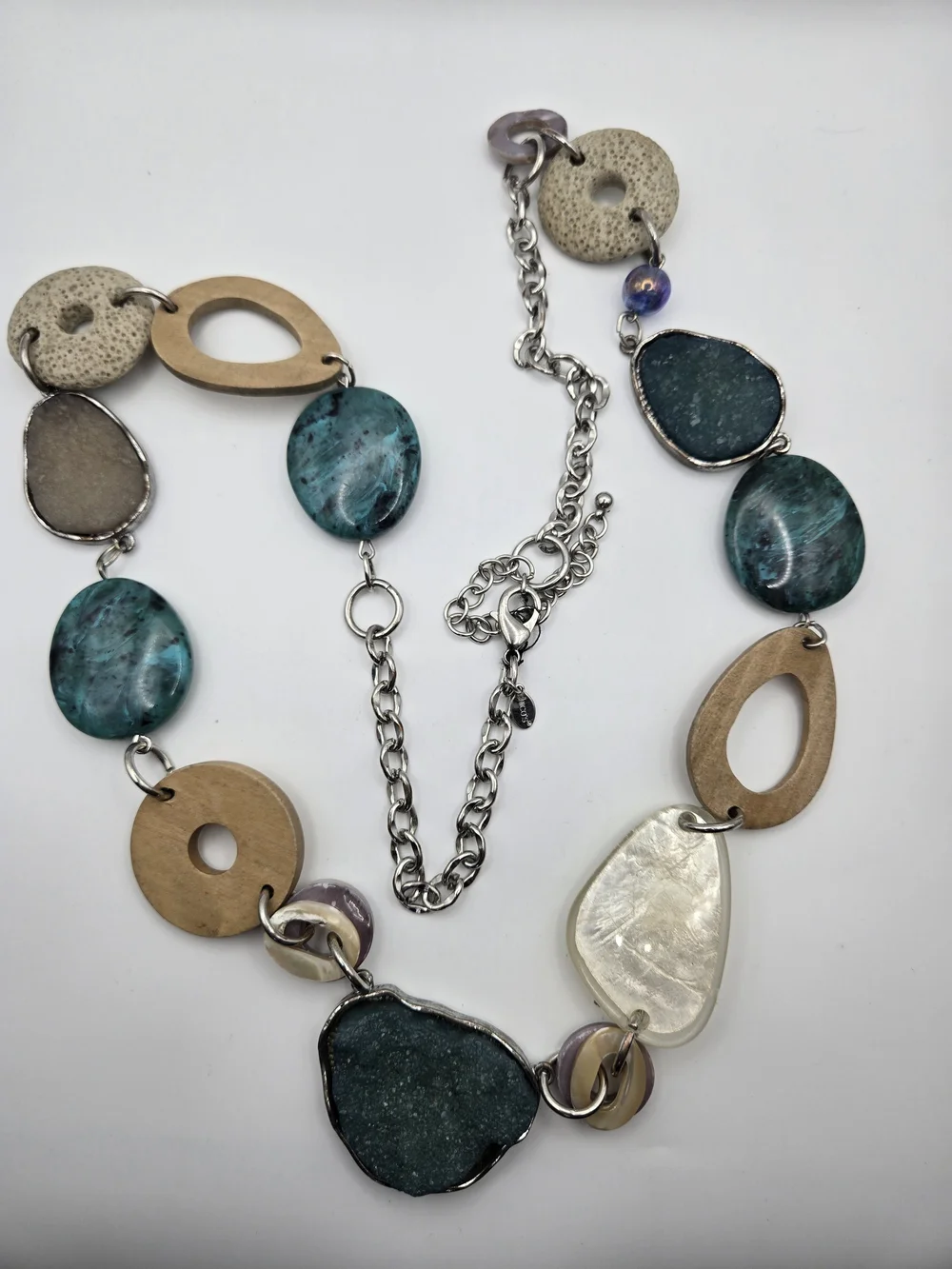 Chico's Teal Wood Silver Mixed Media Necklace Druzy Labradorite Turquoise READ